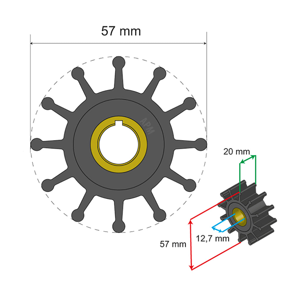 Albin Group Premium Impeller Kit 57 x 12.7 x 20mm - 12 Blade - Key Insert [06-01-013]